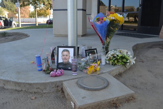 A token of appreciation for Officer Jonathan Diaz greets visitors to the Lemoore Police Department on Monday.